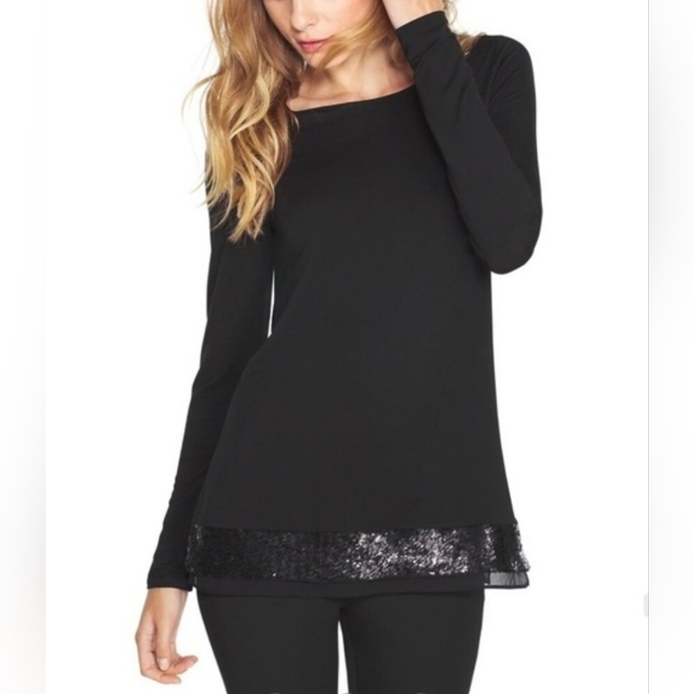 White House Black Market Long Sleeve Black T-Shirt Top Sequined Hem Size S